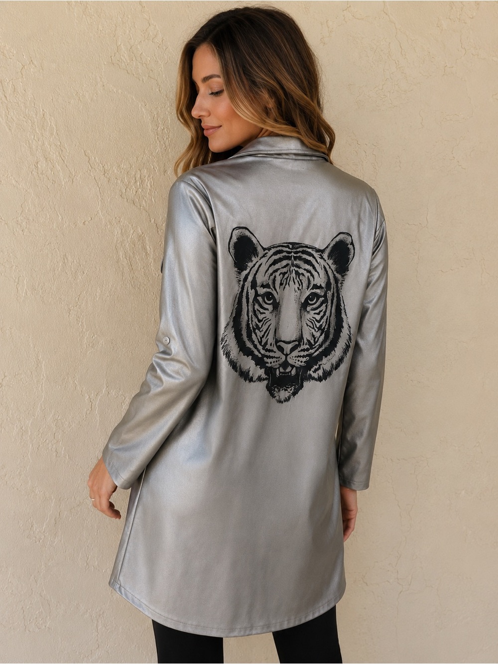 LEATHERETTE METALLIC TIGER LONG SHACKET